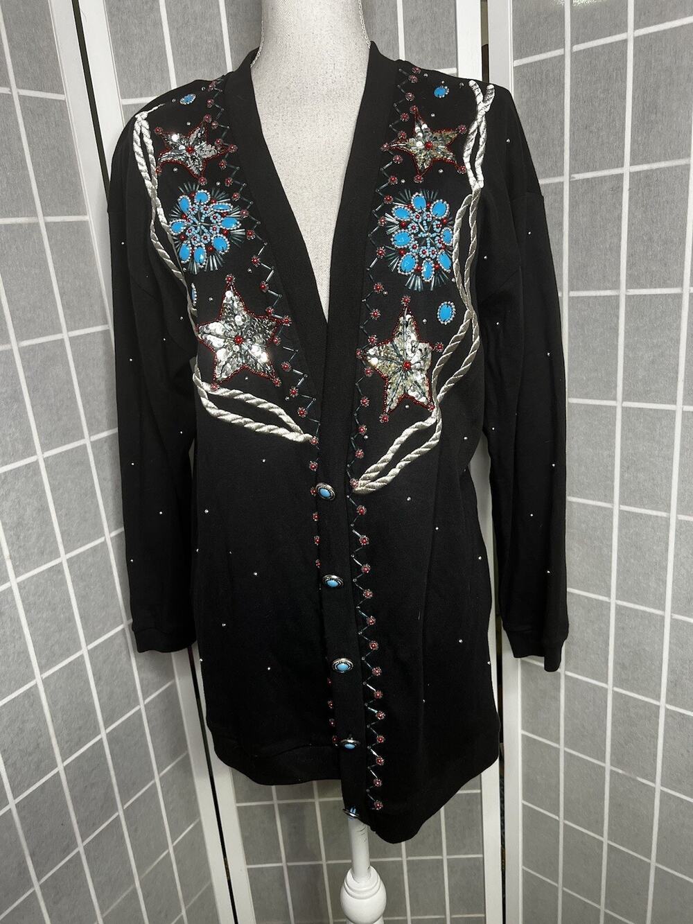 Vintage Marisa Christina Classics Cardigan Black Metallic Accents Turquoise Sz M